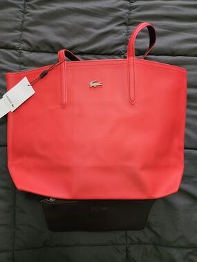 Lacoste Red Tote Bag with Logo - Spacious Women's Shoulder Bag